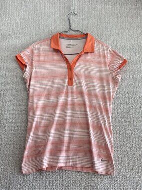 Nike Golf Womens Orange Striped Dri Fit Polo Shirt Tour Performance Sz M Preppy